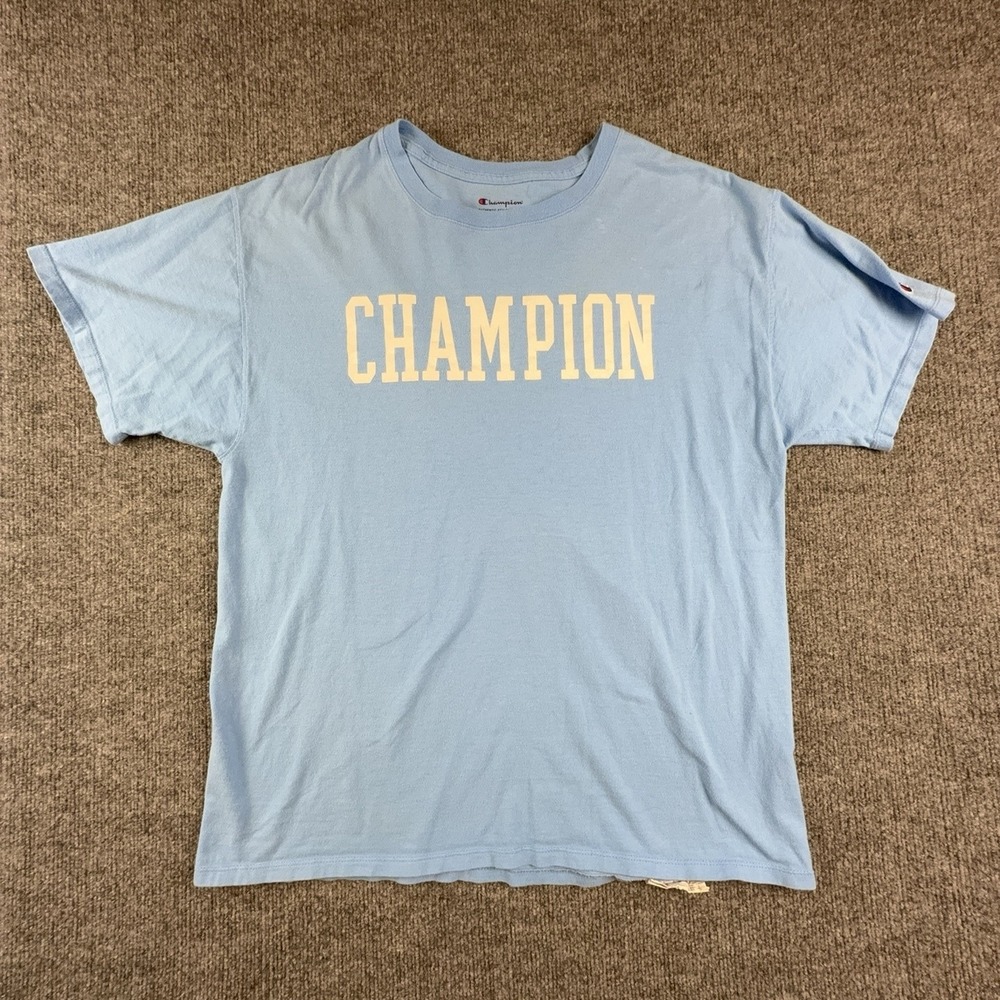 Champion Shirt Mens Large Blue Big CHAMPION Logo Graphic Athletic Tee Crewneck